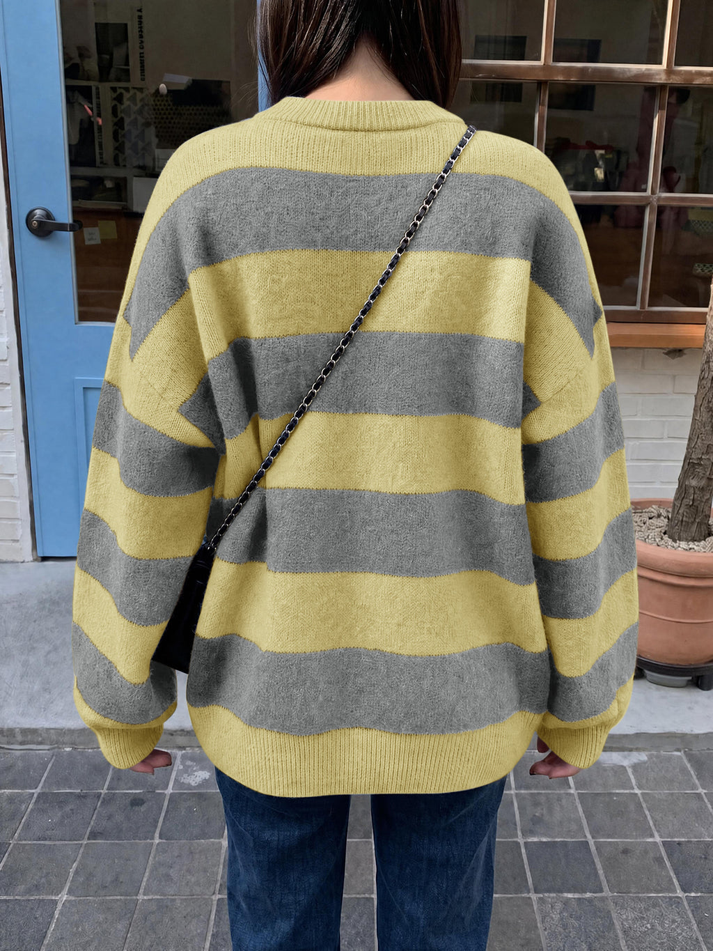 Saodimallsu Womens Oversized Striped Knit Block Sweaters