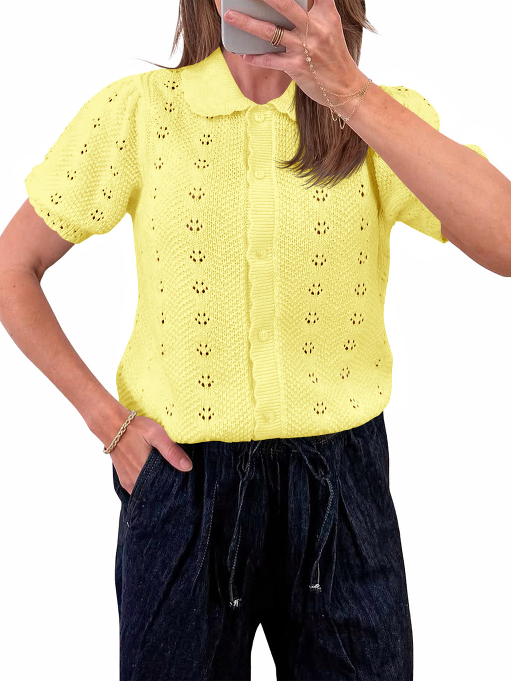 Saodimallsu Women Crochet Puff Sleeve Cardigan