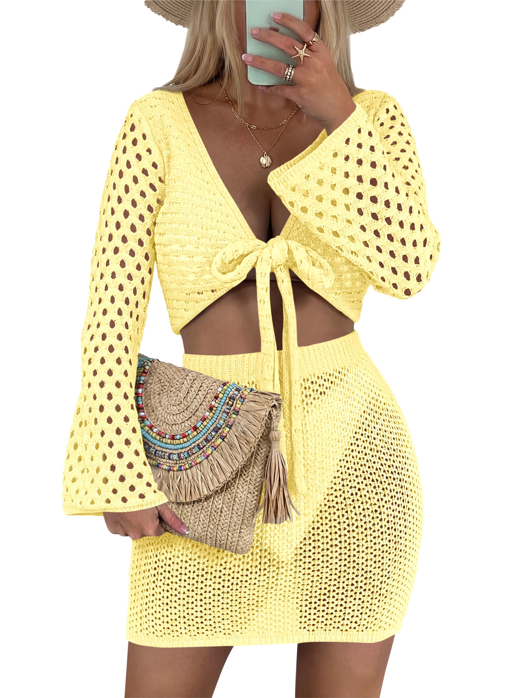 Saodimallsu Womens 2 Piece Crochet Swimsuit Coverup Set
