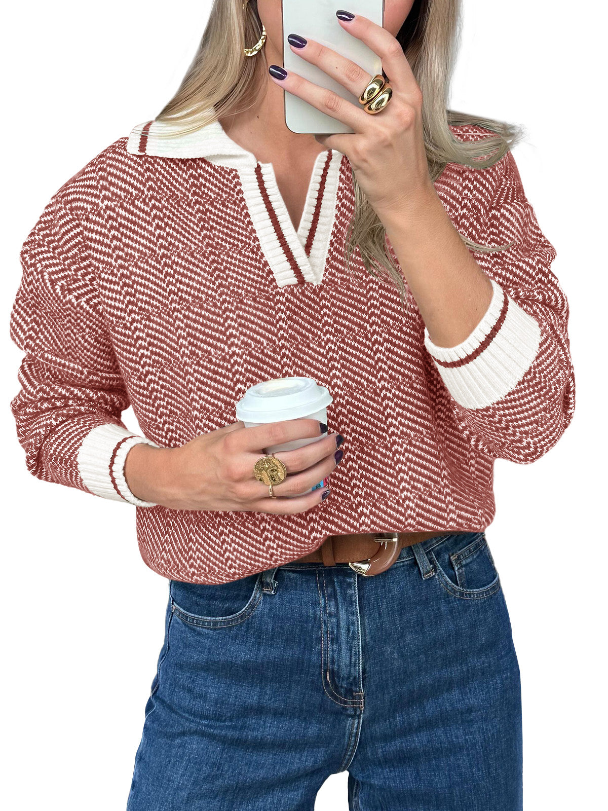 Saodimallsu Womens Fall Lapel V Neck Knit Sweaters