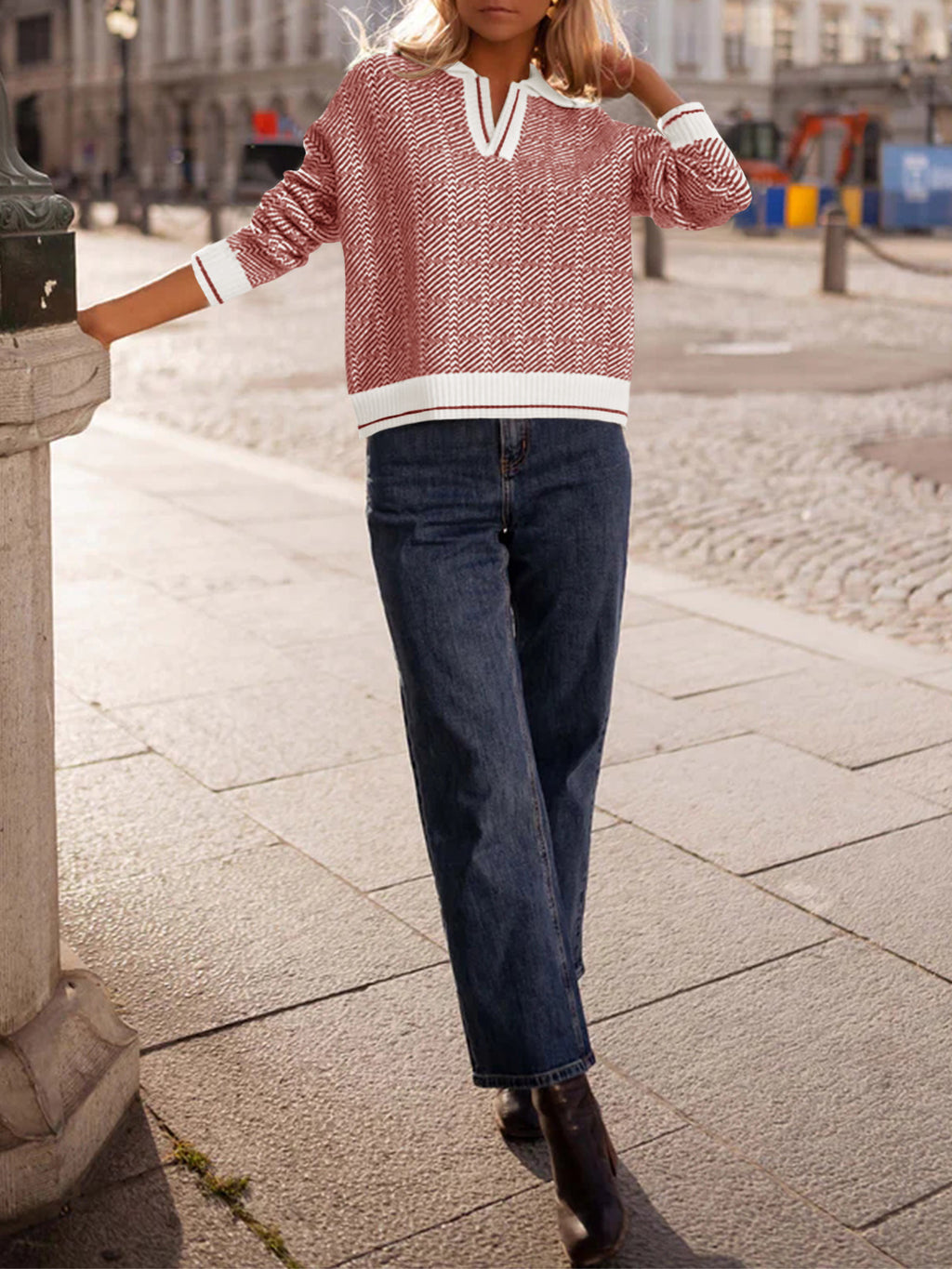 Saodimallsu Womens Fall Lapel V Neck Knit Sweaters