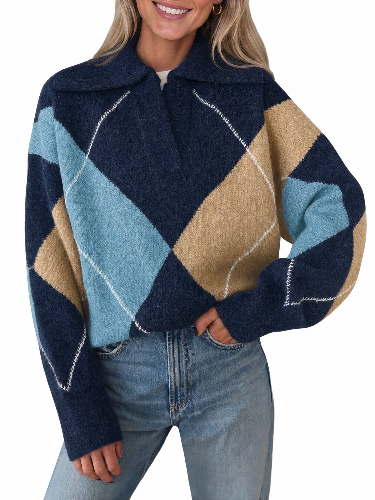 Saodimallsu Womens Collared V Neck Argyle Sweater