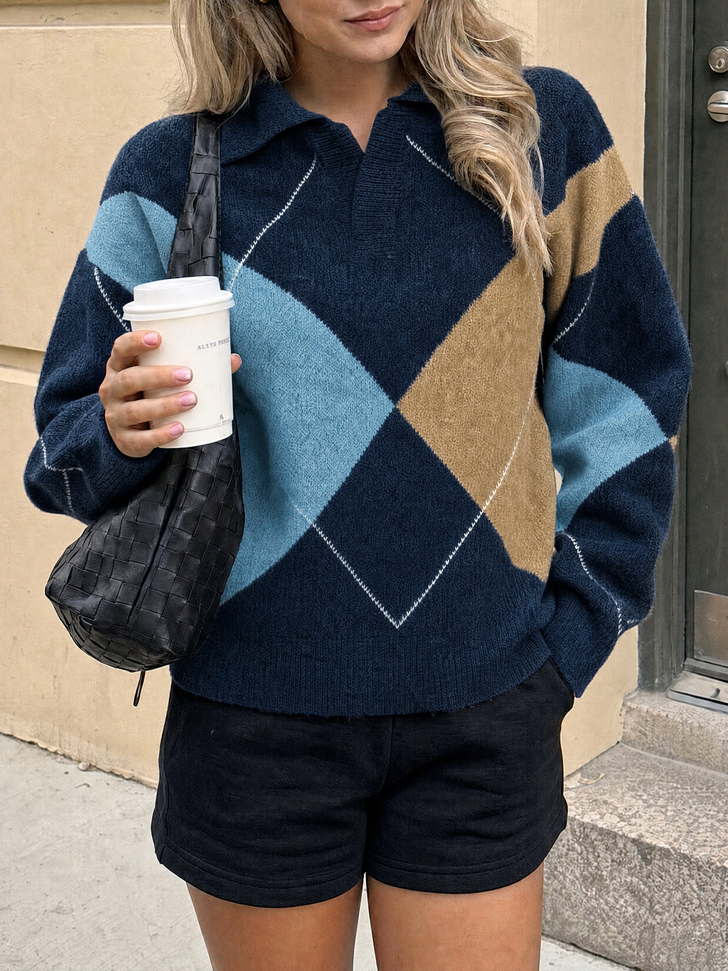 Saodimallsu Womens Collared V Neck Argyle Sweater