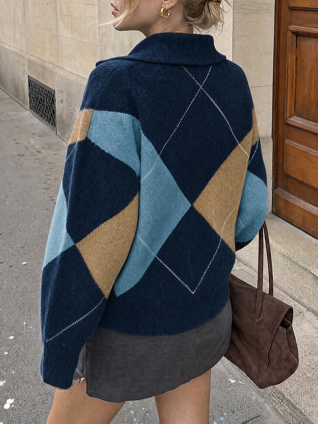 Saodimallsu Womens Collared V Neck Argyle Sweater