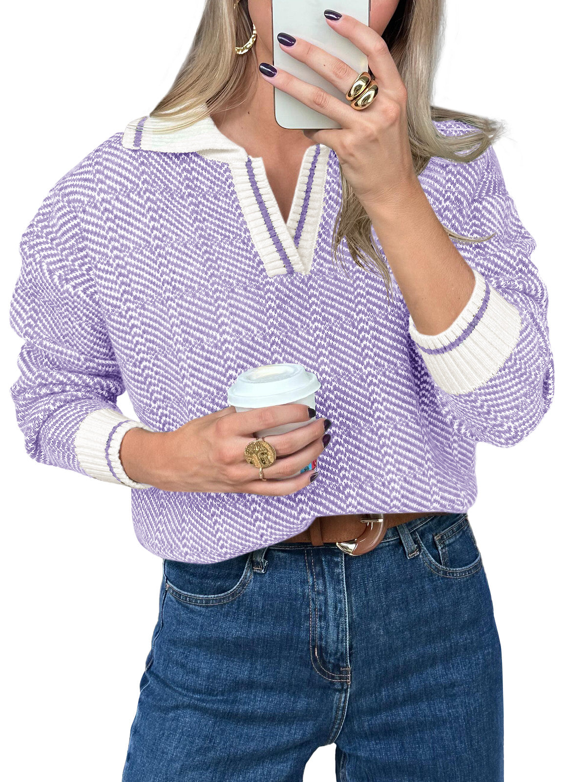 Saodimallsu Womens Fall Lapel V Neck Knit Sweaters