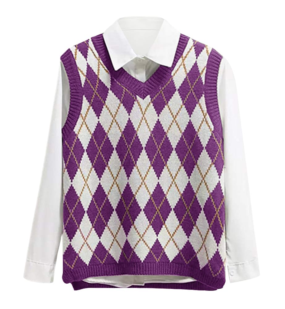 Saodimallsu Womens V Neck Argyle Knit Tops