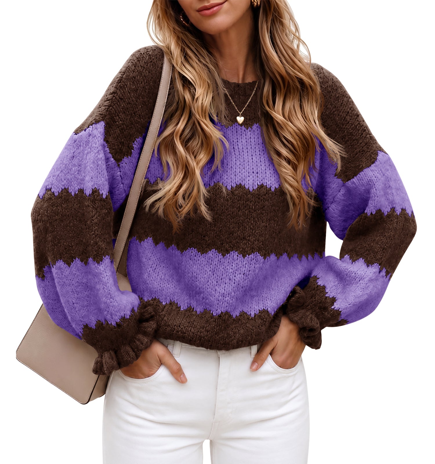 Saodimallsu Womens Striped Color Block Ruffle Sweaters