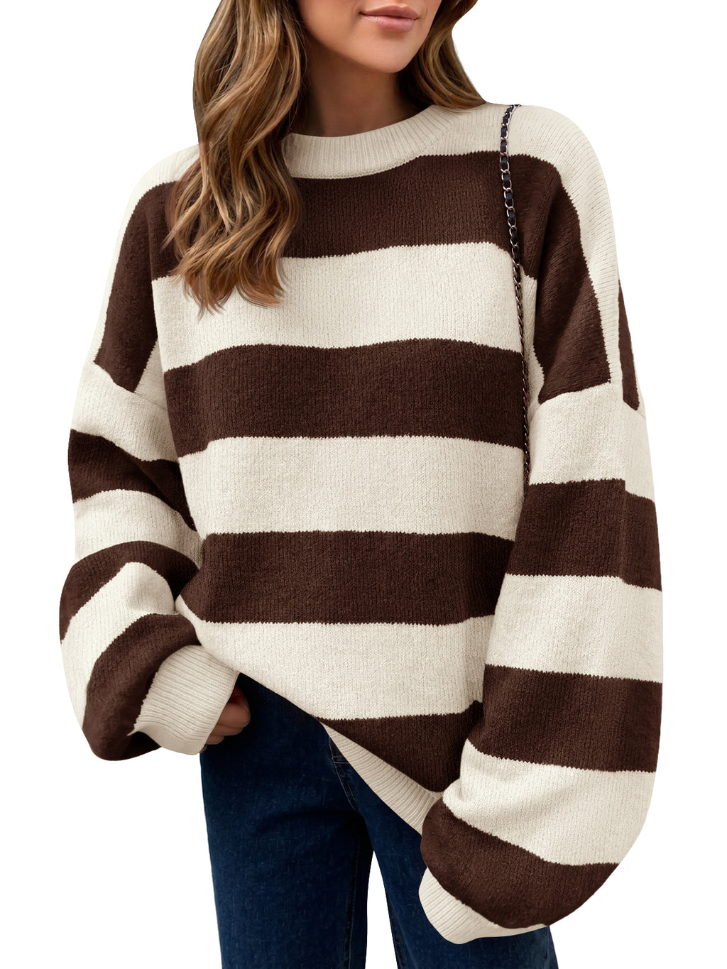 Saodimallsu Womens Oversized Striped Knit Block Sweaters