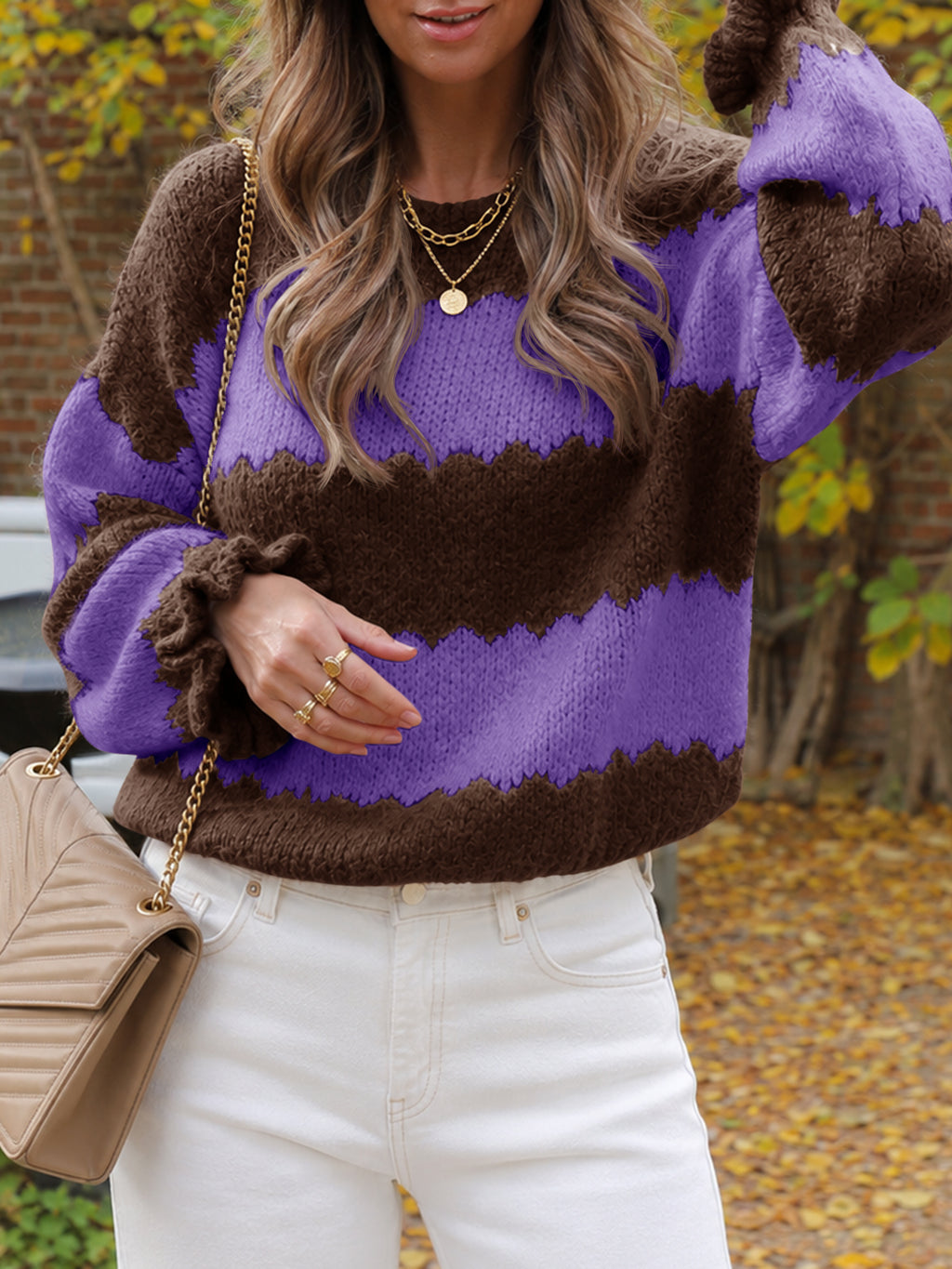 Saodimallsu Womens Striped Color Block Ruffle Sweaters