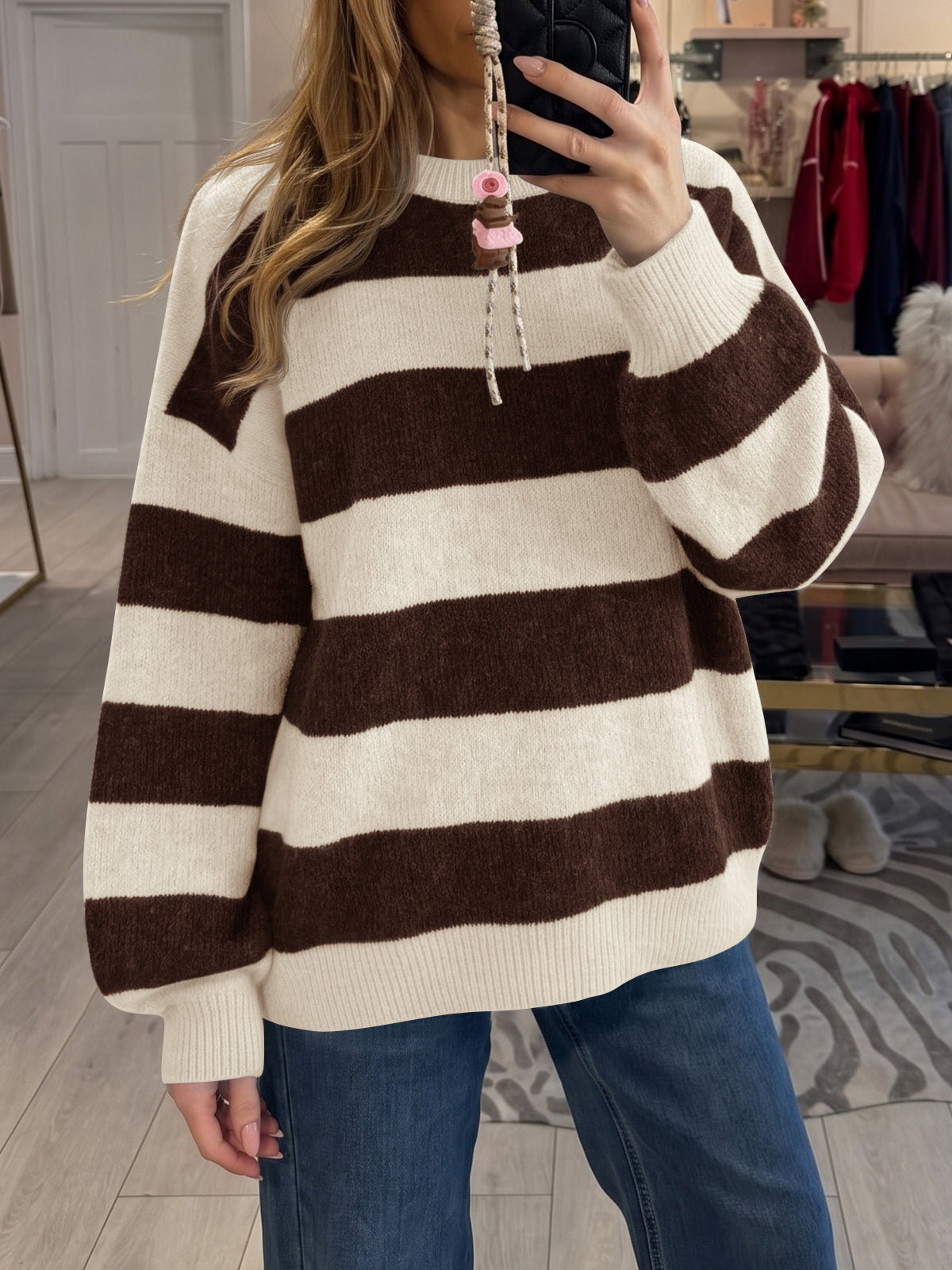 Saodimallsu Womens Oversized Striped Knit Block Sweaters