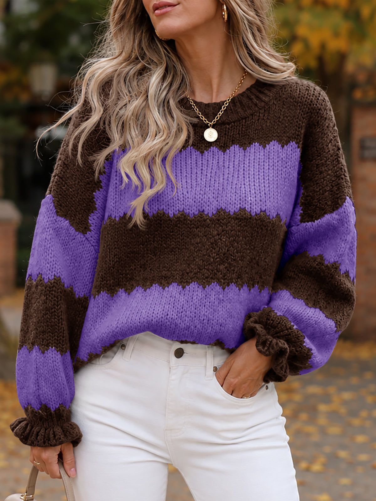 Saodimallsu Womens Striped Color Block Ruffle Sweaters