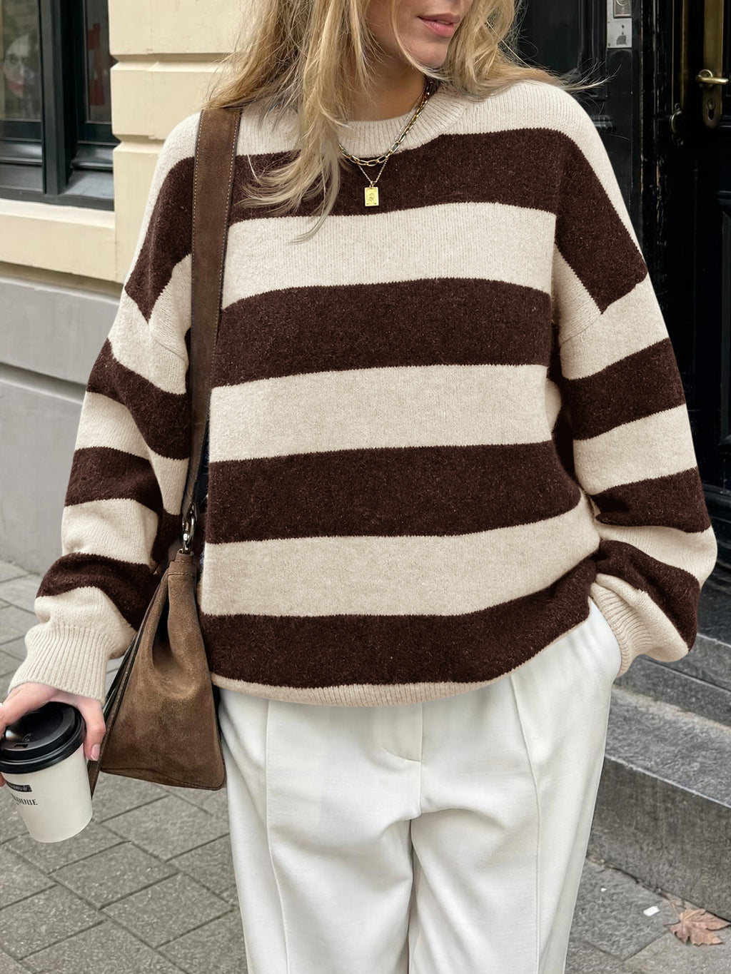 Saodimallsu Womens Oversized Striped Knit Block Sweaters