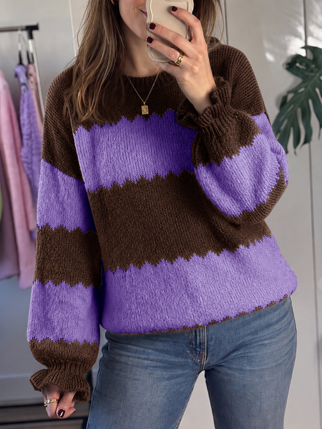 Saodimallsu Womens Striped Color Block Ruffle Sweaters