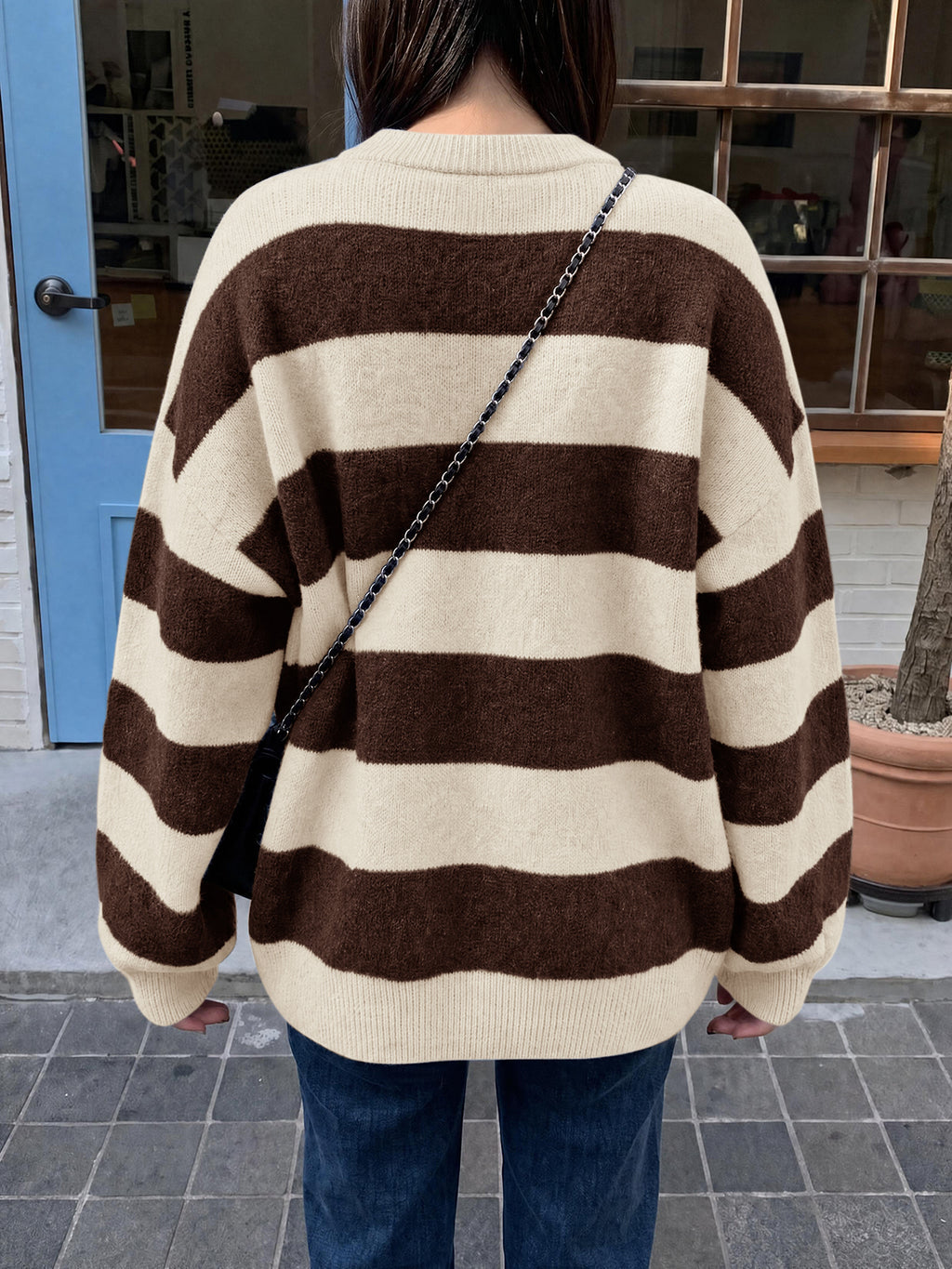 Saodimallsu Womens Oversized Striped Knit Block Sweaters