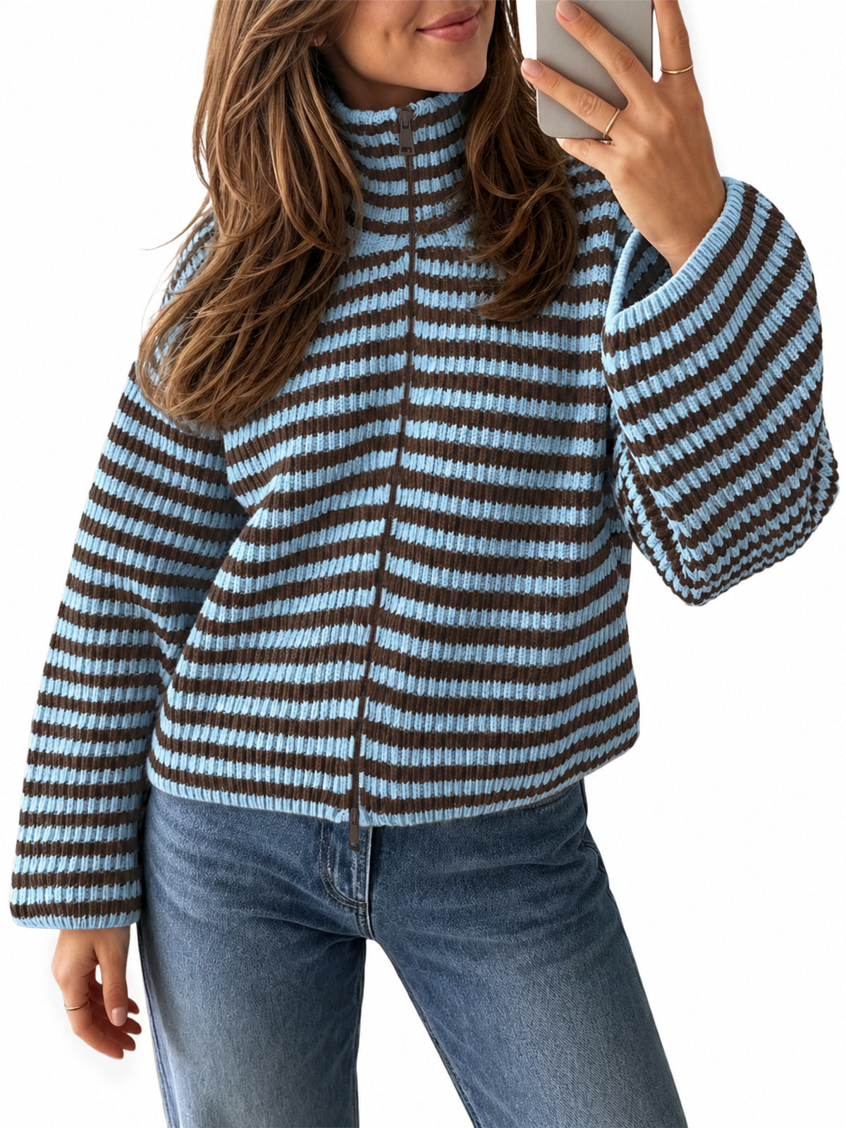 Saodimallsu Womens Striped Zip Knit Cardigan