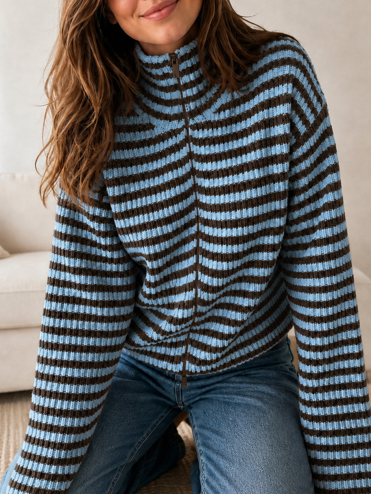Saodimallsu Womens Striped Zip Knit Cardigan