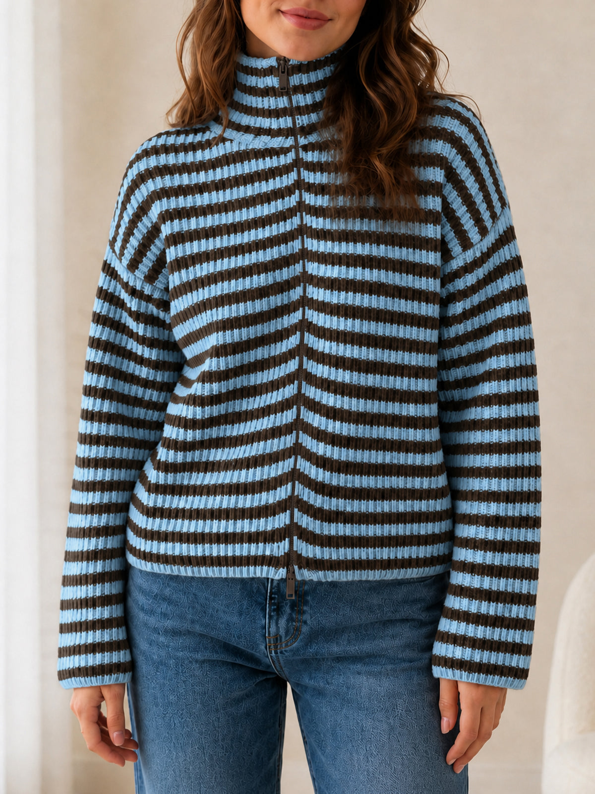 Saodimallsu Womens Striped Zip Knit Cardigan