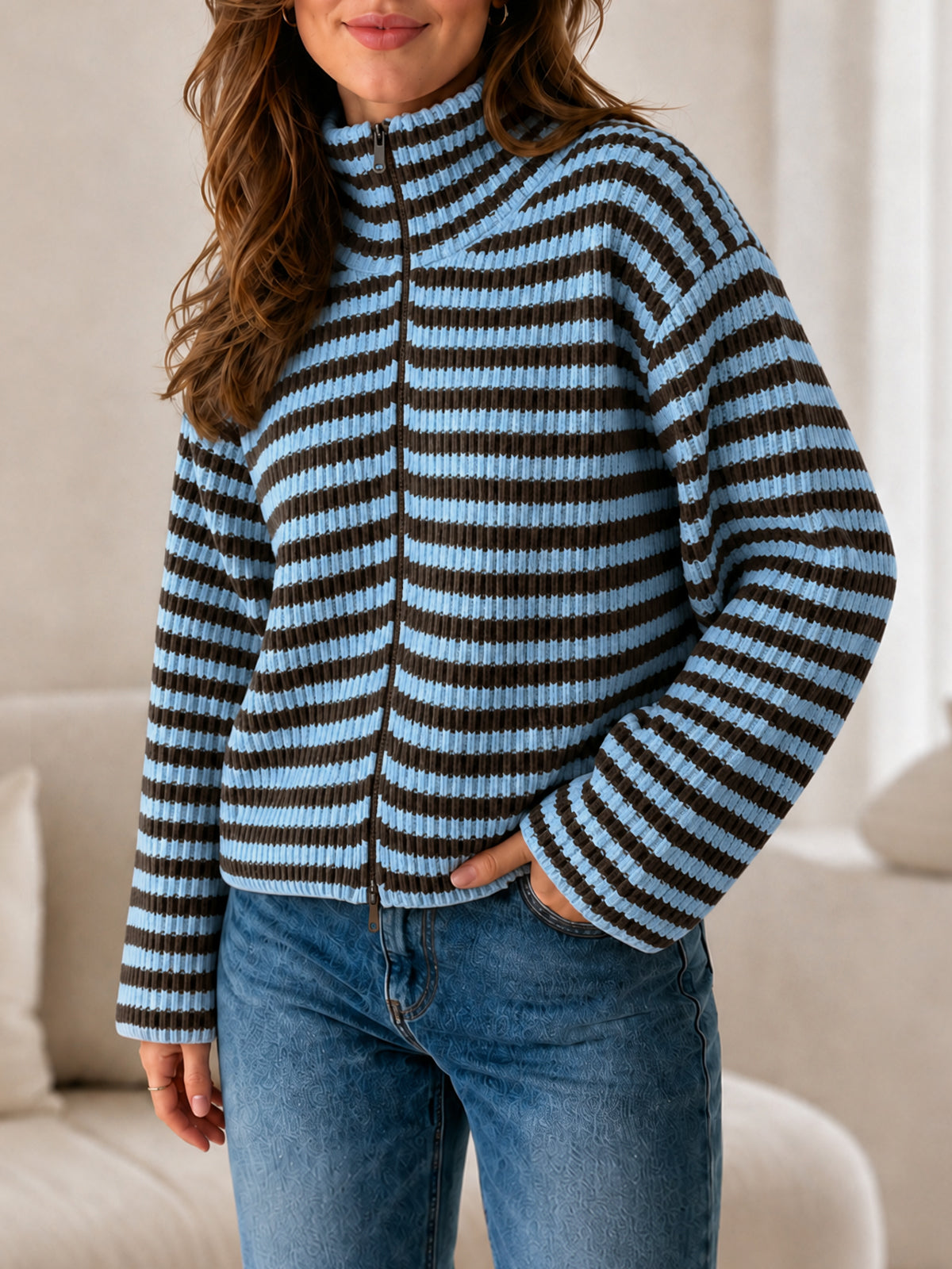 Saodimallsu Womens Striped Zip Knit Cardigan
