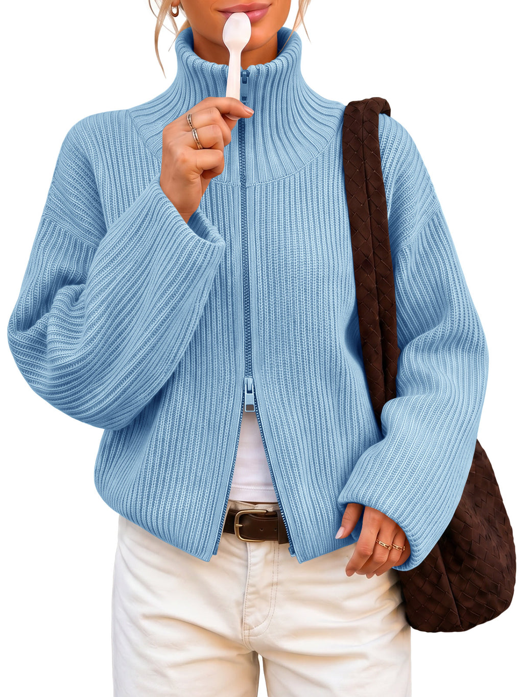 Saodimallsu Women Zip Up Chunky Knit Sweater