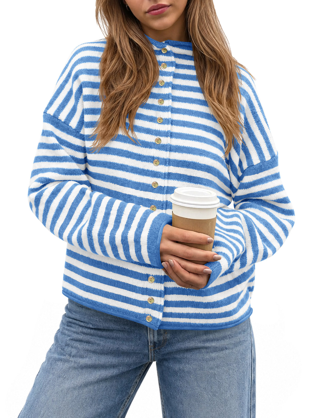 Saodimallsu Womens Striped Mock Neck Cardigan