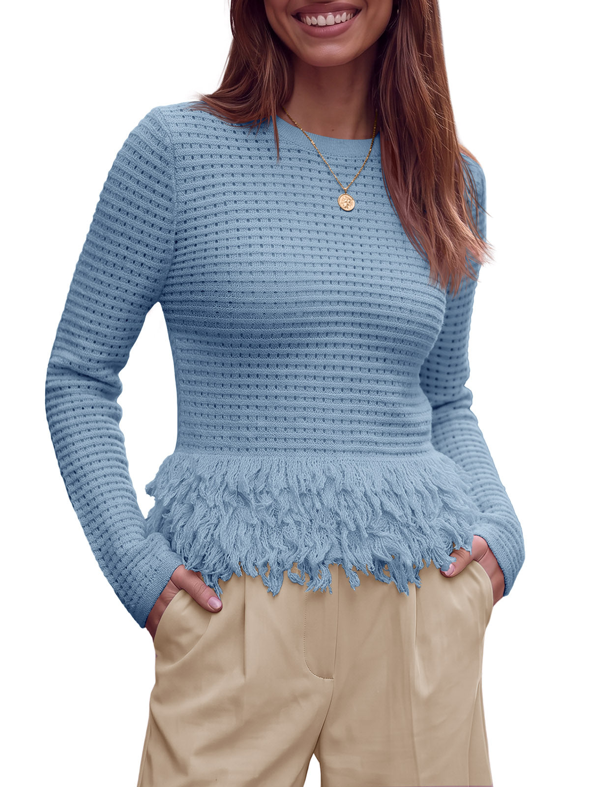 Saodimallsu Womens Crochet Fringe Crew Neck Sweater