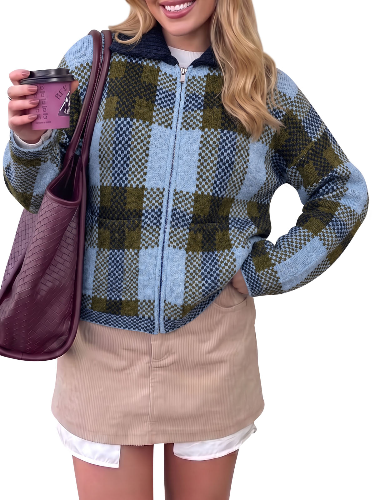 Saodimallsu Womens Plaid Color Block Zip Cardigan