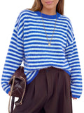 Saodimallsu Womens Fuzzy Crew Neck Striped Sweaters