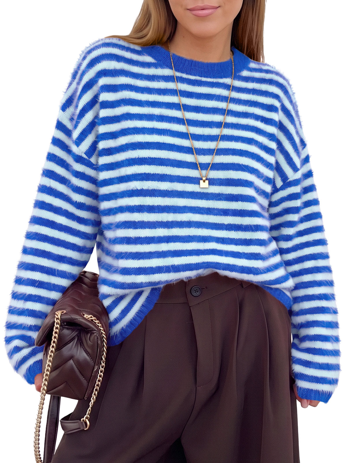 Saodimallsu Womens Fuzzy Crew Neck Striped Sweaters