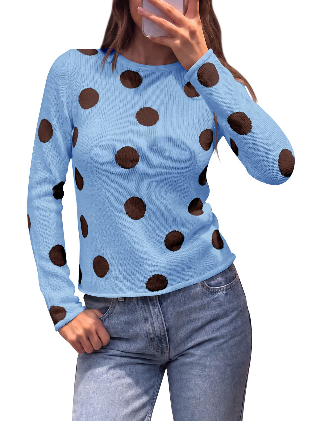 Saodimallsu Womens Polka Dot Long Sleeve Sweater