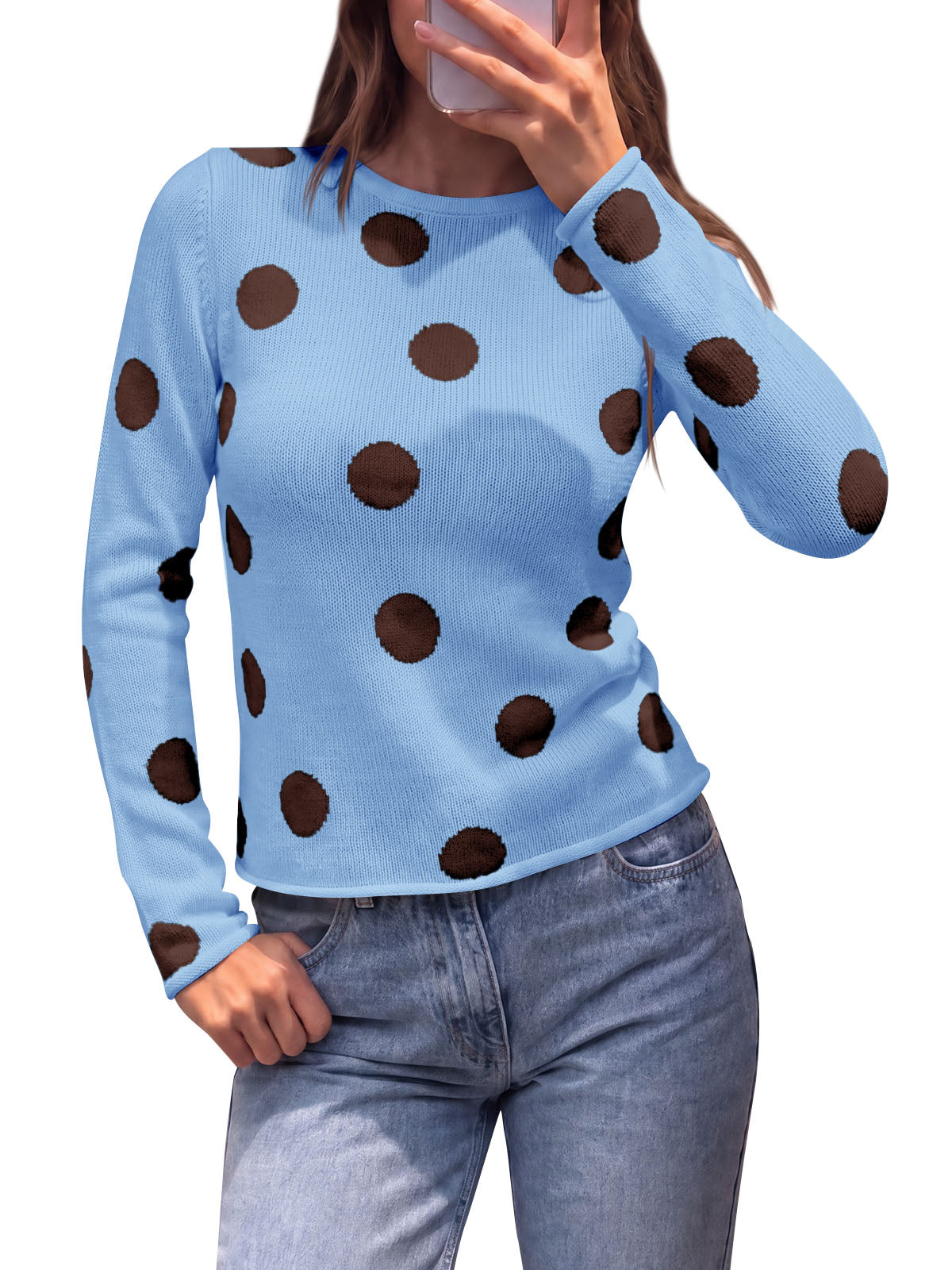 Saodimallsu Womens Polka Dot Long Sleeve Sweater