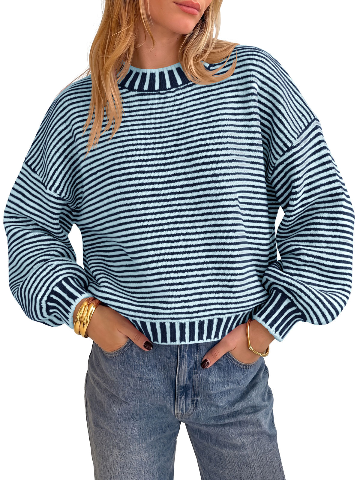 Saodimallsu Womens Striped Crew Neck Knit Sweater