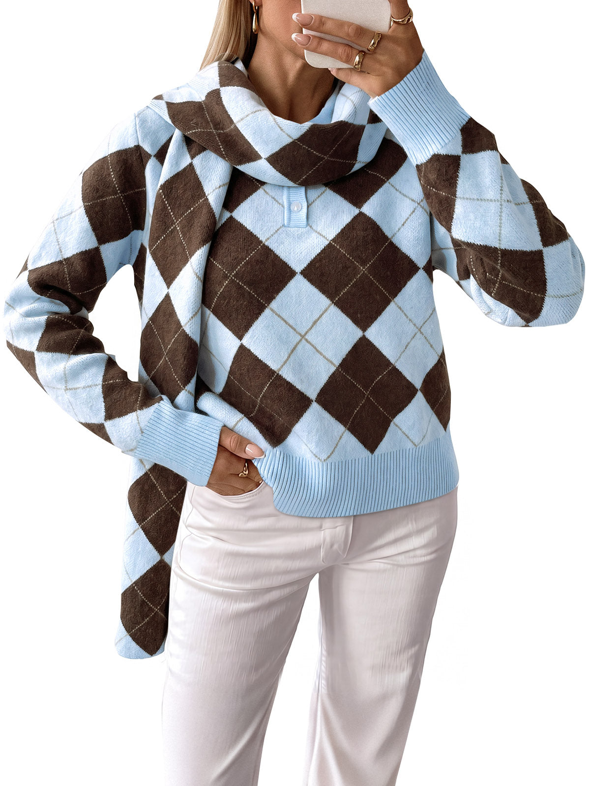 Saodimallsu Womens Argyle Color Block Polo Sweater