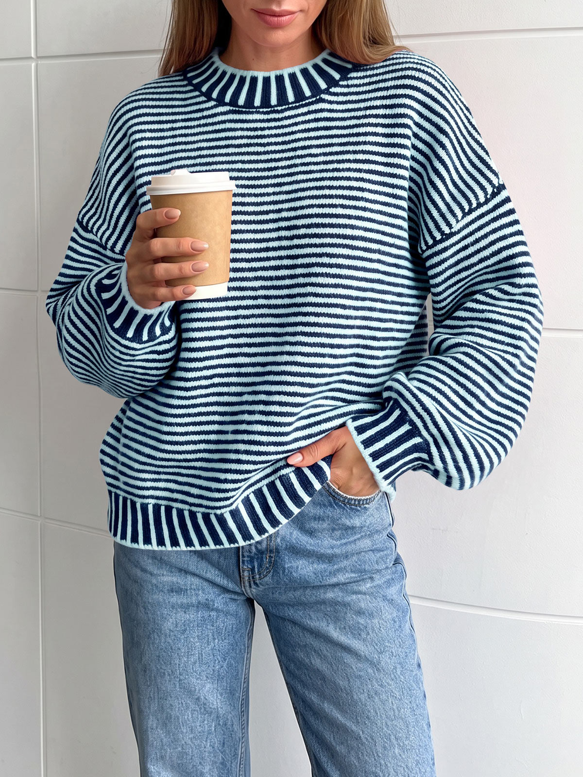 Saodimallsu Womens Striped Crew Neck Knit Sweater
