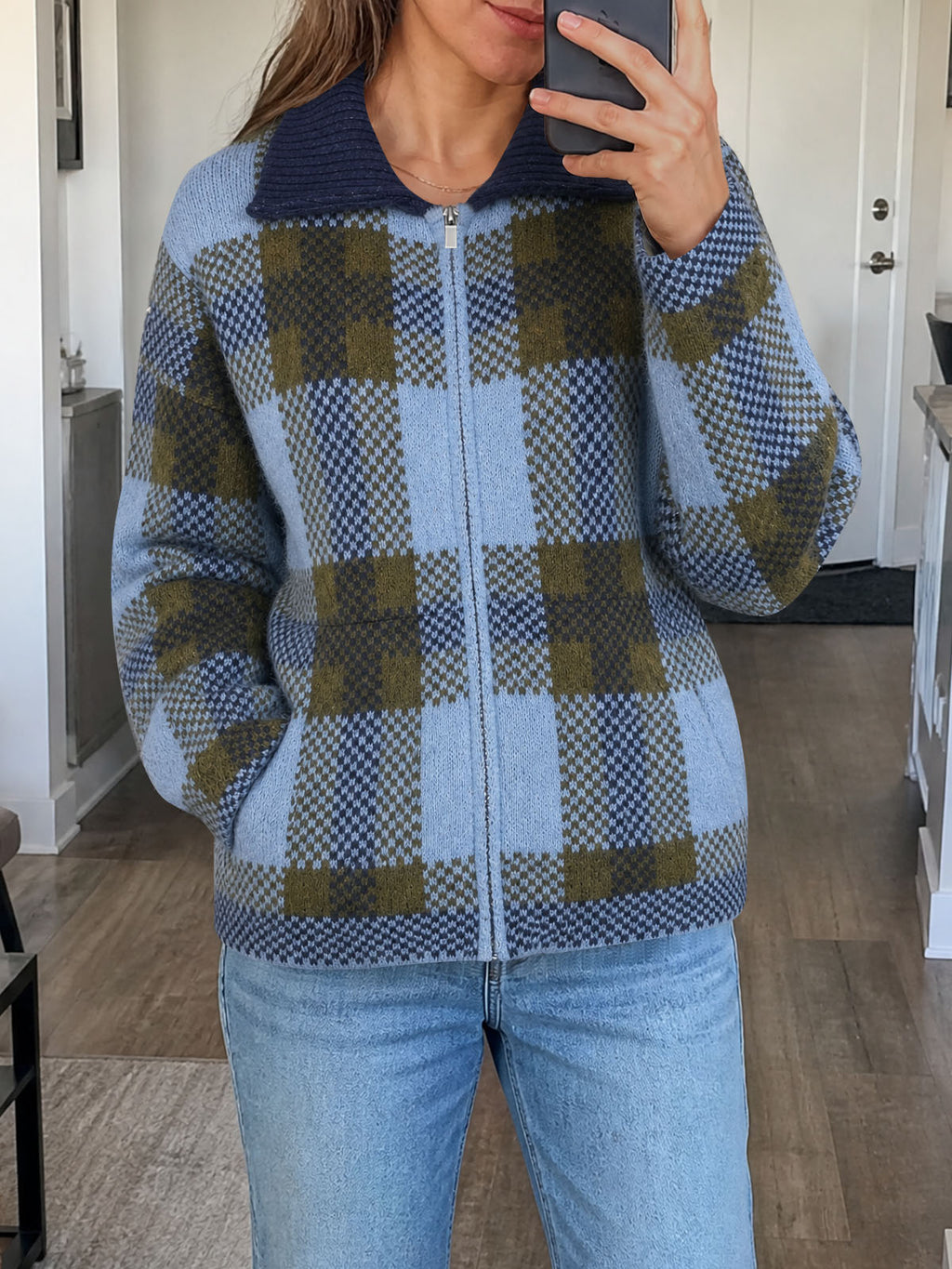 Saodimallsu Womens Plaid Color Block Zip Cardigan