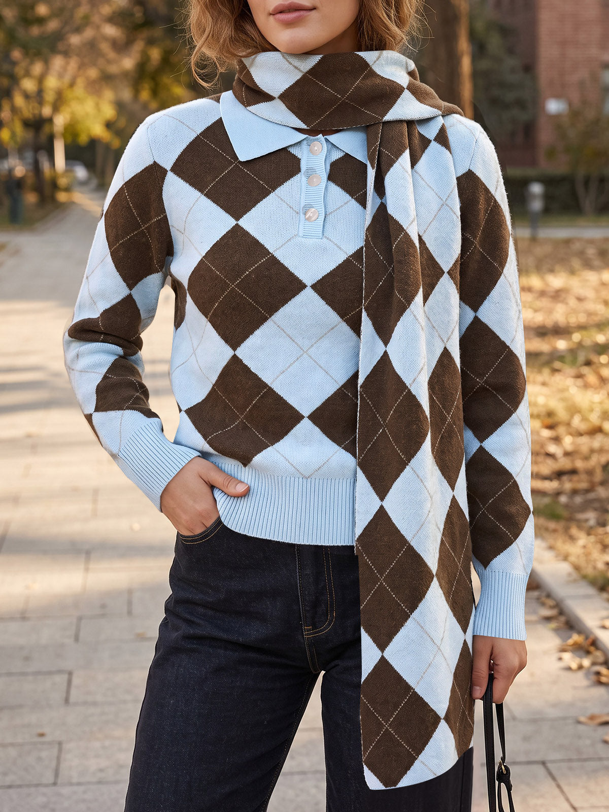 Saodimallsu Womens Argyle Color Block Polo Sweater