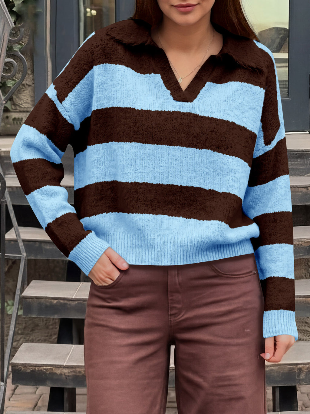 Saodimallsu Womens Striped Polo V Neck Sweaters
