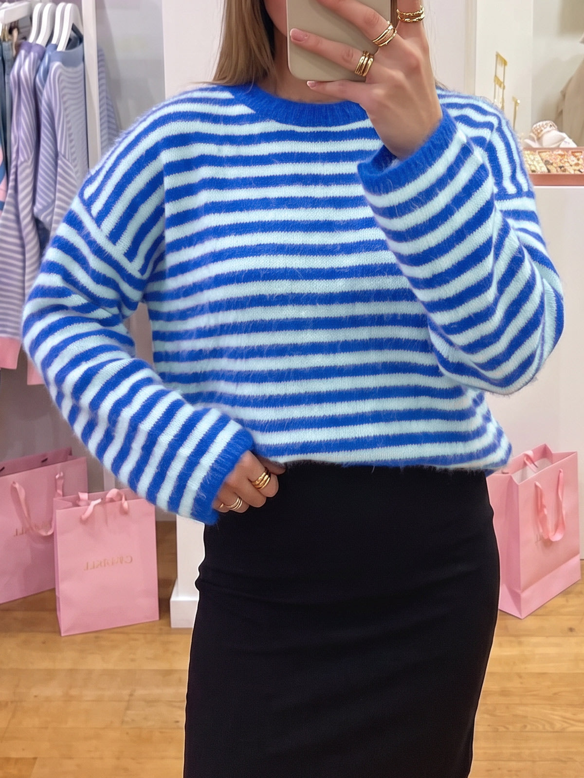 Saodimallsu Womens Fuzzy Crew Neck Striped Sweaters