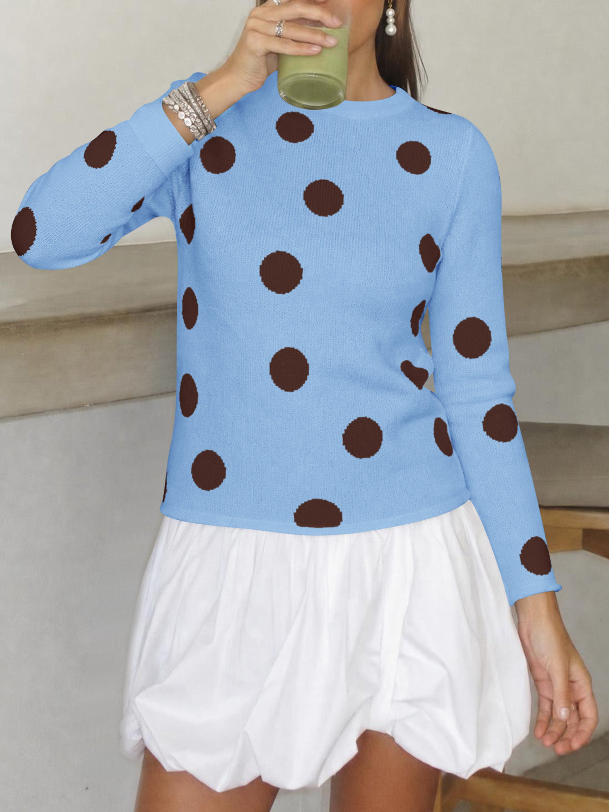 Saodimallsu Womens Polka Dot Long Sleeve Sweater