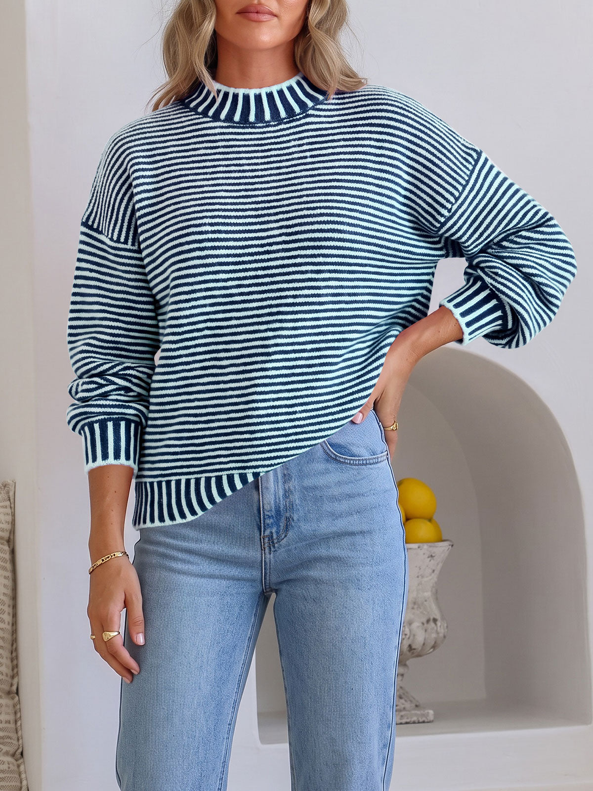 Saodimallsu Womens Striped Crew Neck Knit Sweater