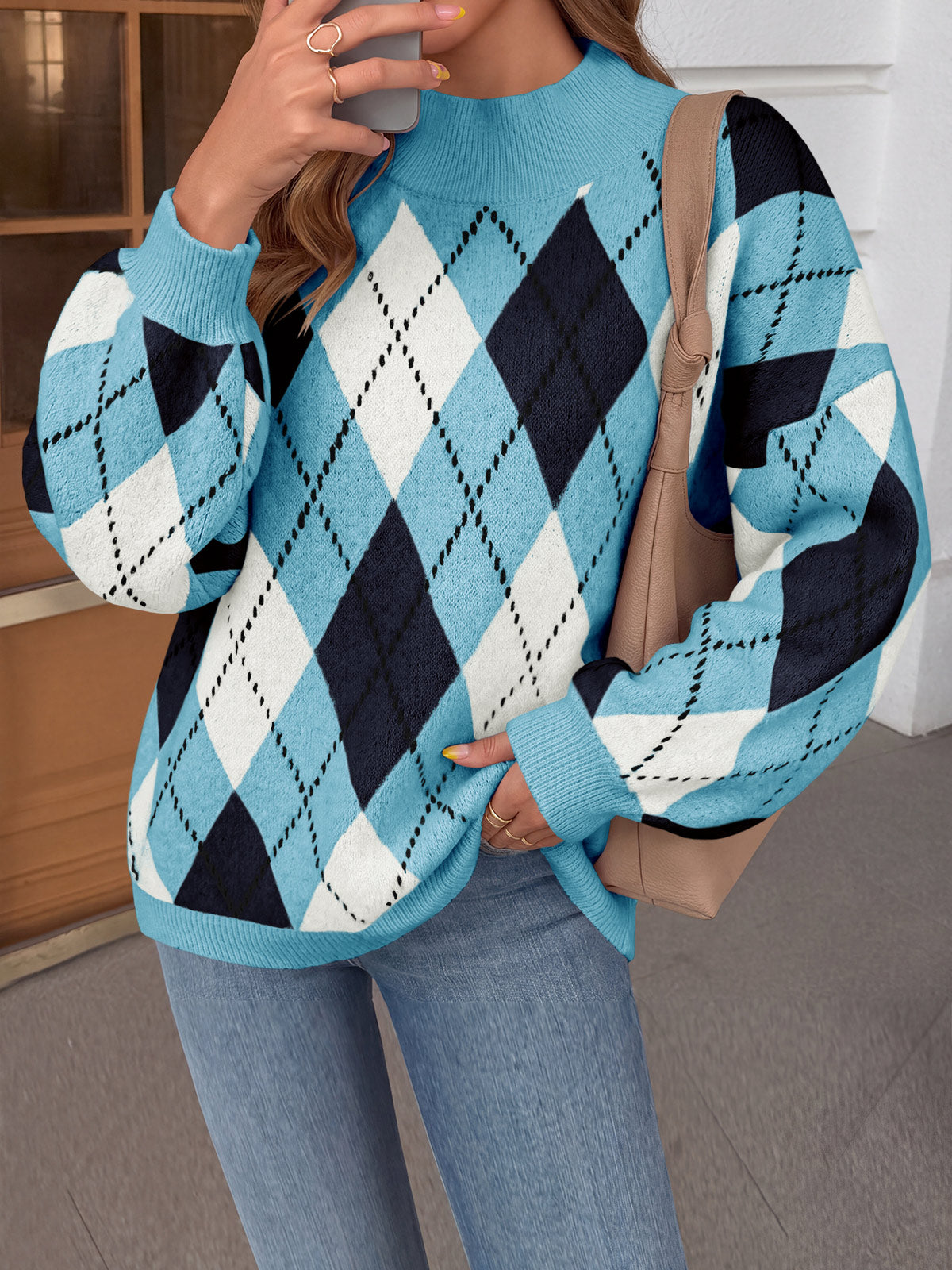 Saodimallsu Womens Oversized Argyle Fall Winter Sweater