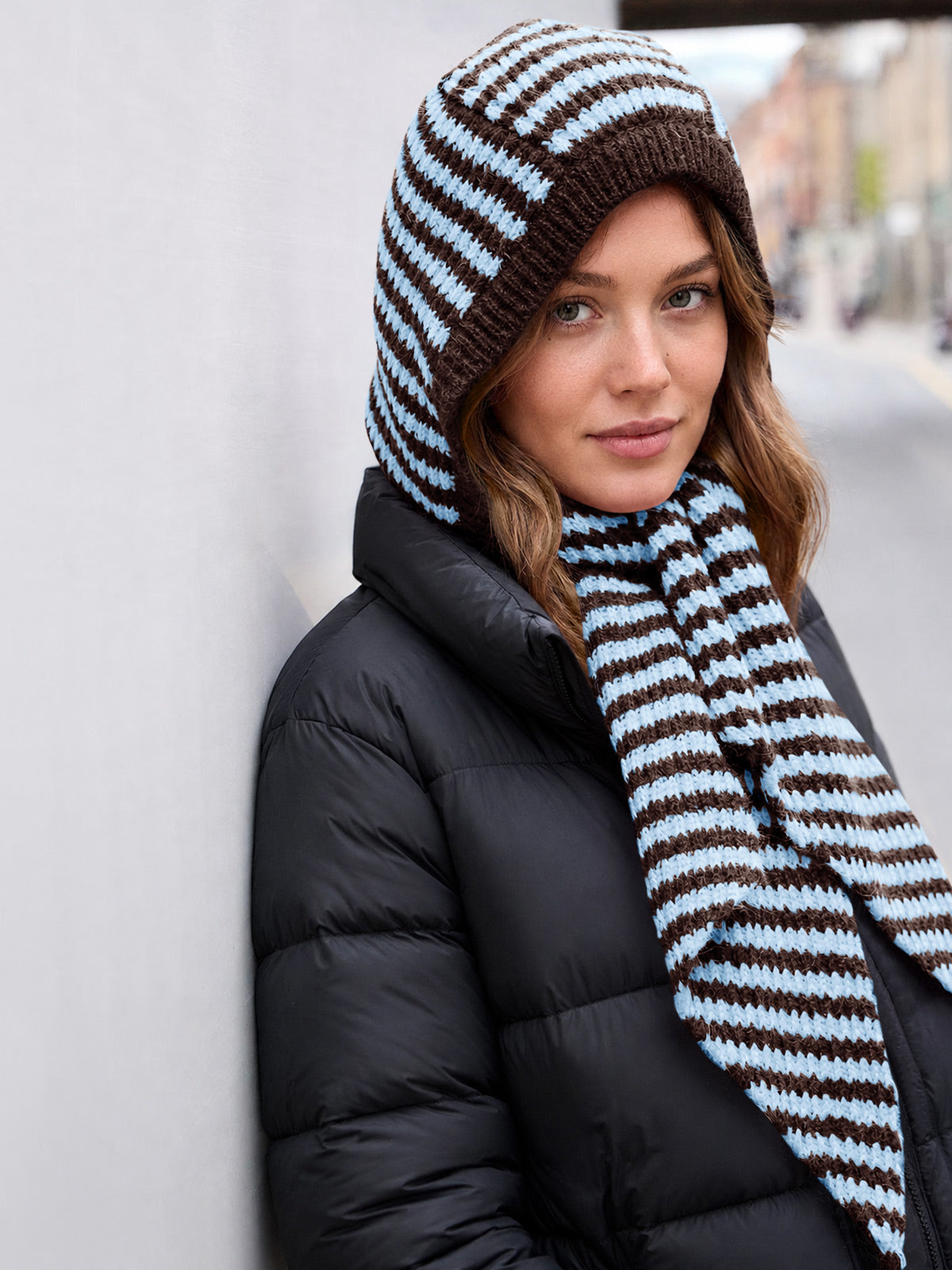 Saodimallsu Womens Striped Hooded Scarf Knit Hat