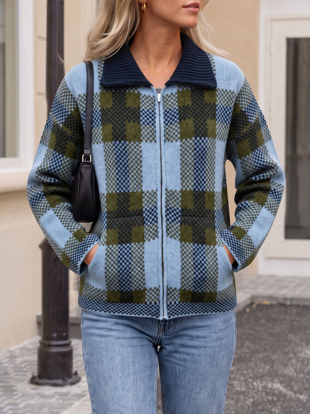 Saodimallsu Womens Plaid Color Block Zip Cardigan