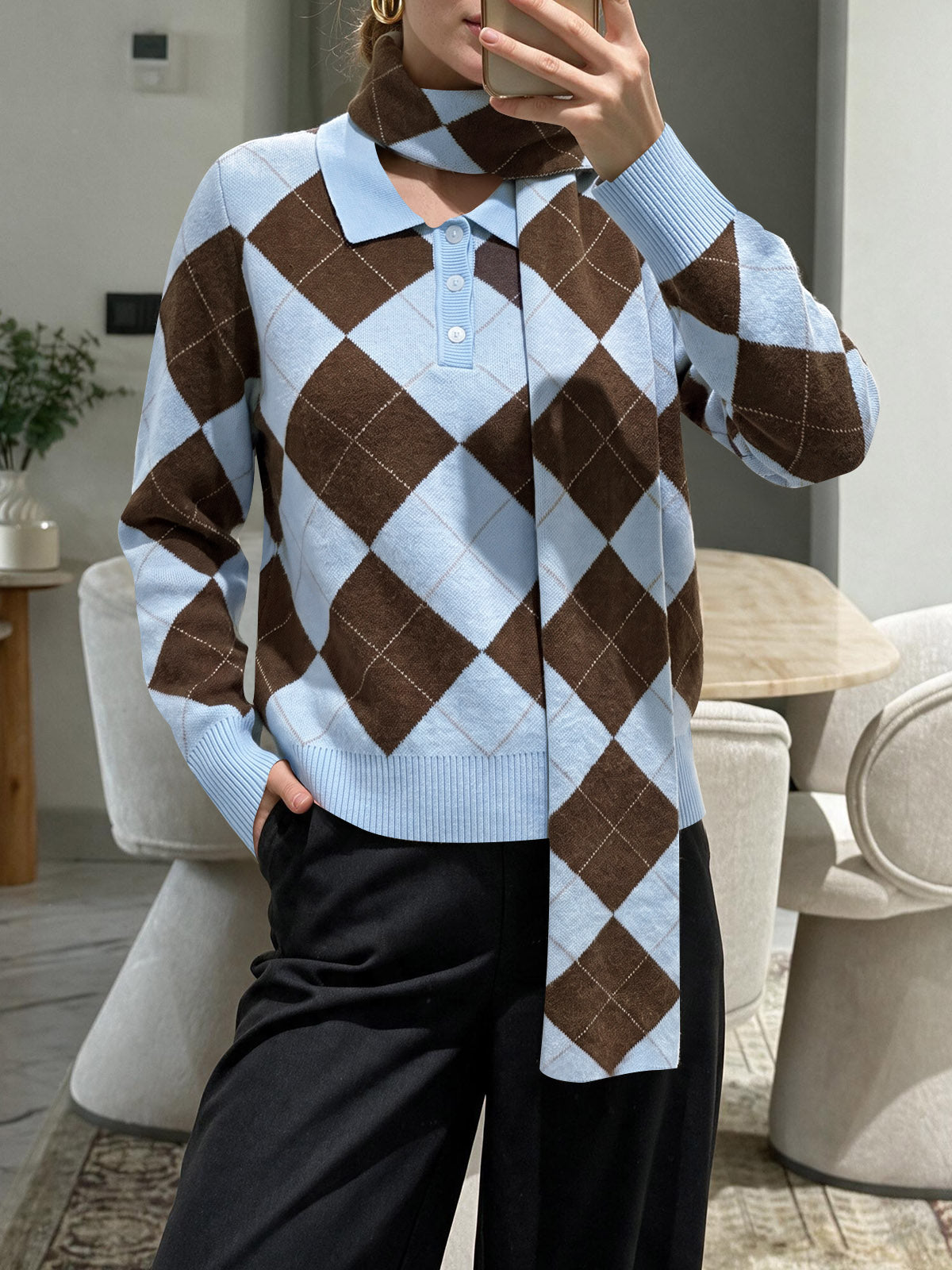 Saodimallsu Womens Argyle Color Block Polo Sweater