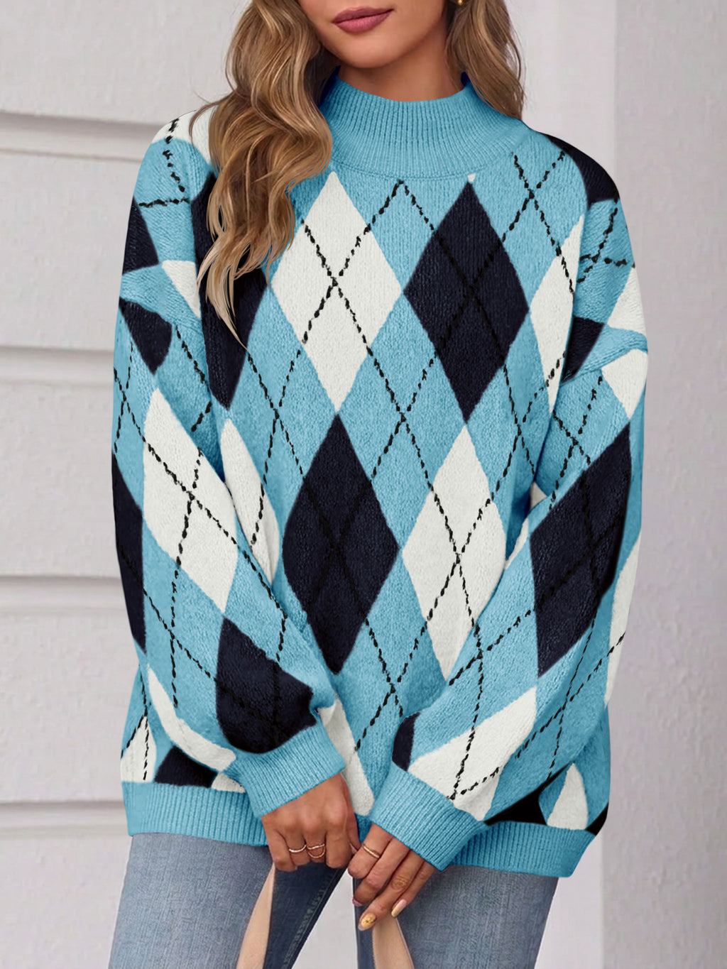 Saodimallsu Womens Oversized Argyle Fall Winter Sweater