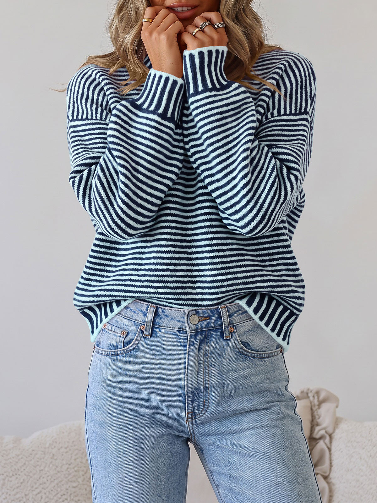 Saodimallsu Womens Striped Crew Neck Knit Sweater