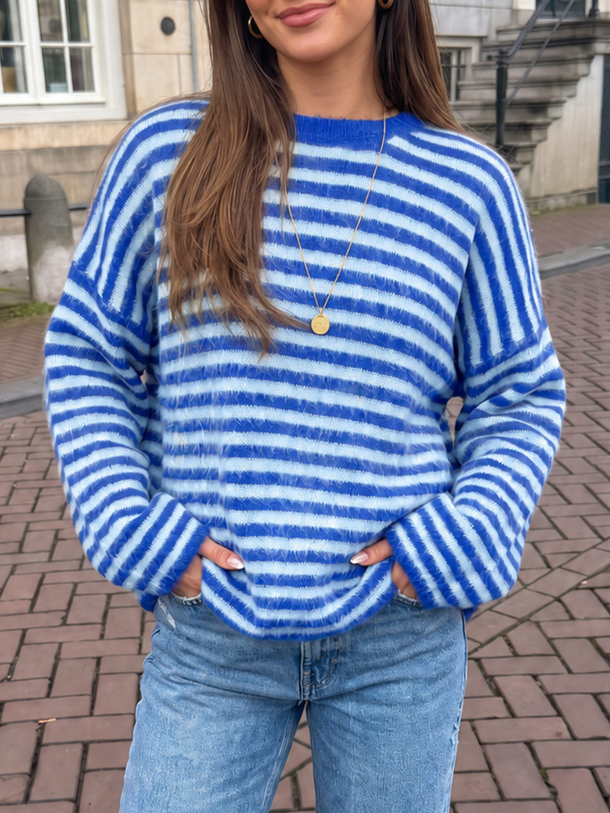 Saodimallsu Womens Fuzzy Crew Neck Striped Sweaters