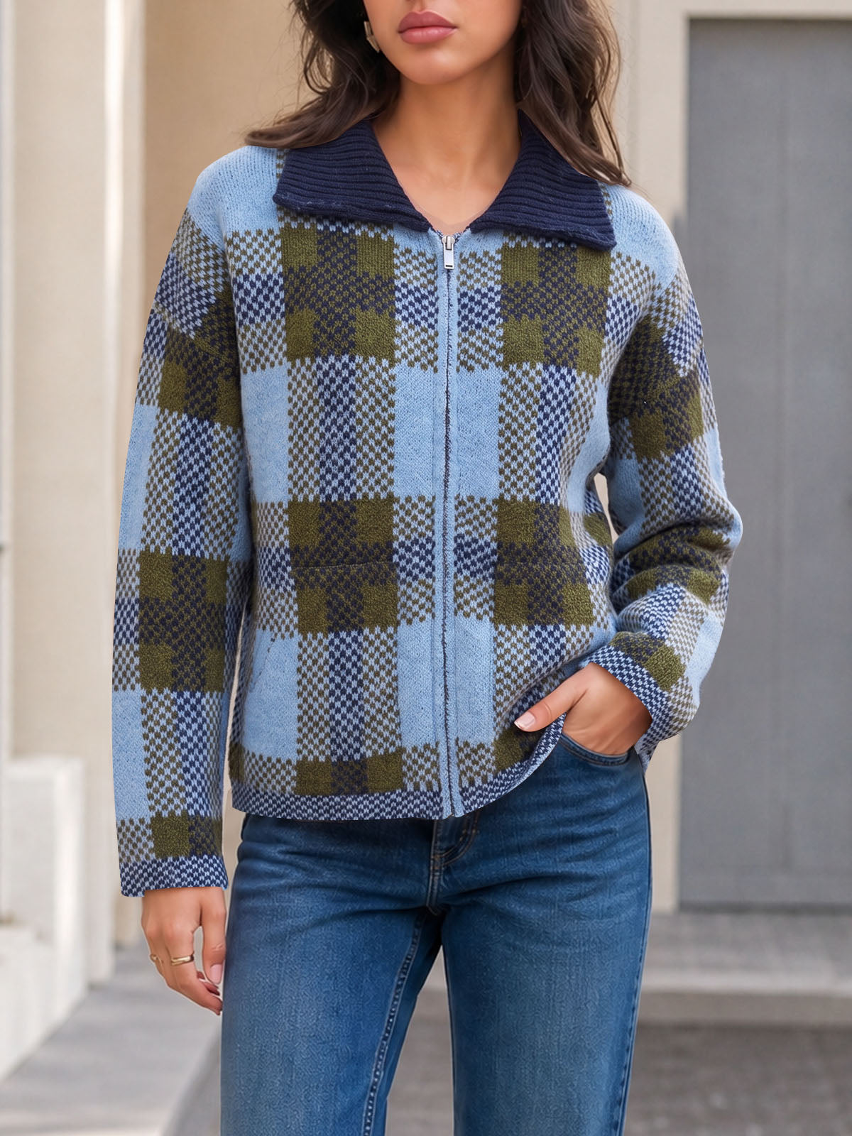Saodimallsu Womens Plaid Color Block Zip Cardigan