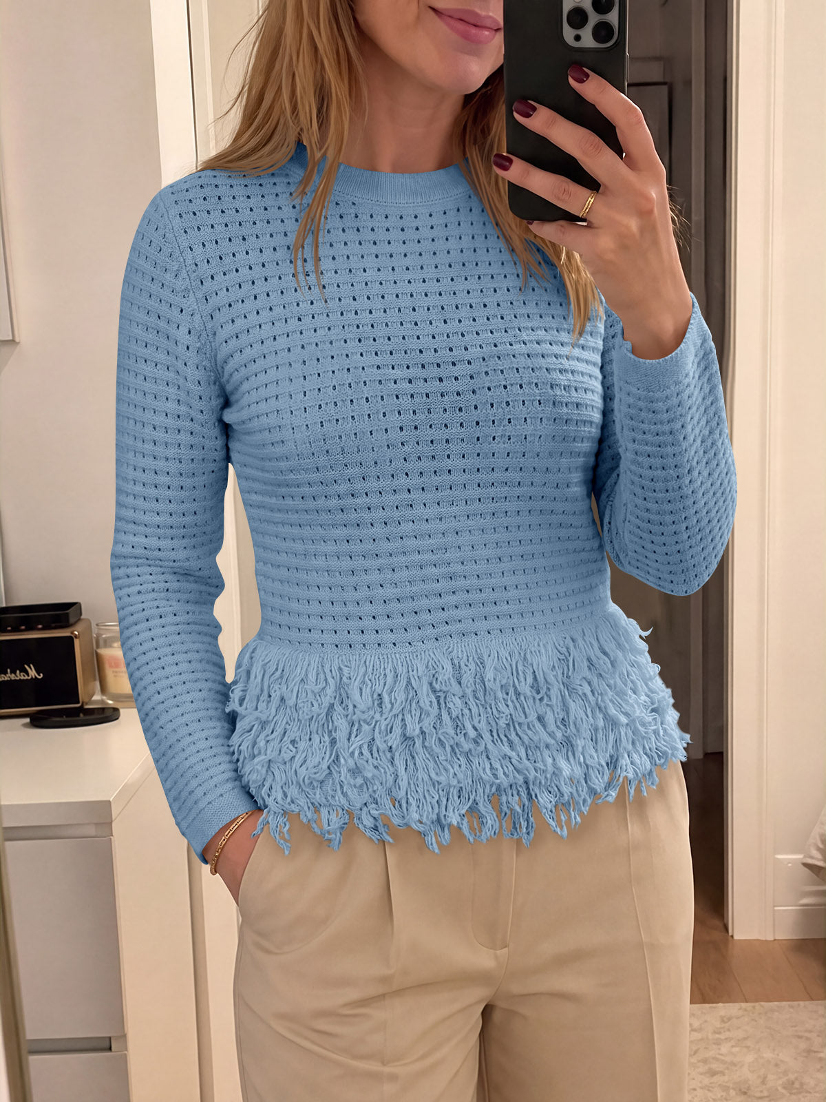 Saodimallsu Womens Crochet Fringe Crew Neck Sweater