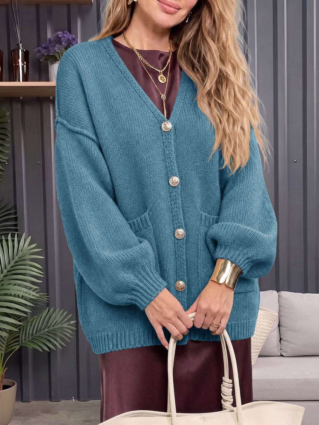 Saodimallsu Womens V Neck Loose Button Cardigan