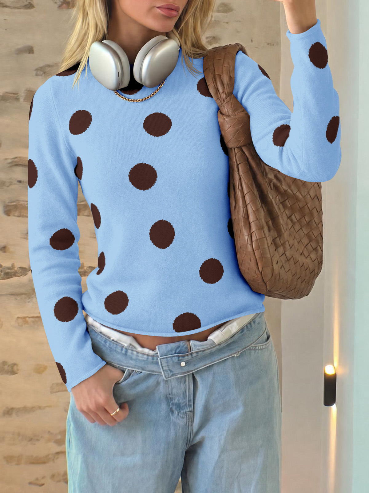 Saodimallsu Womens Polka Dot Long Sleeve Sweater